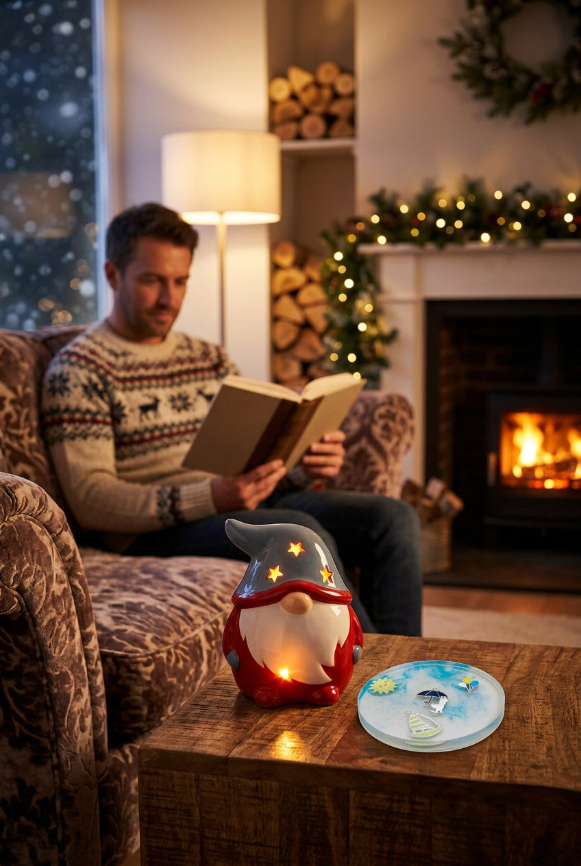 A lighted Christmas gonk sits beside an ocean-themed coaster. On the coaster, the sun shines in the top left corner, a boat carries a flying cat holding a black umbrella, and to the right, there are some balloons.