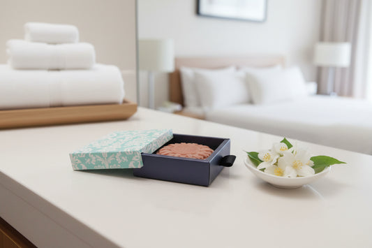 A round, sunflower-shaped beige soap bar displayed inside an open dark box with a light blue and white damask-patterned lid
