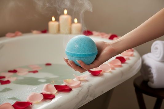 A person is preparing for a luxurious bath after a long day at work. Around the bath there are candles and rose petals colours red and pink