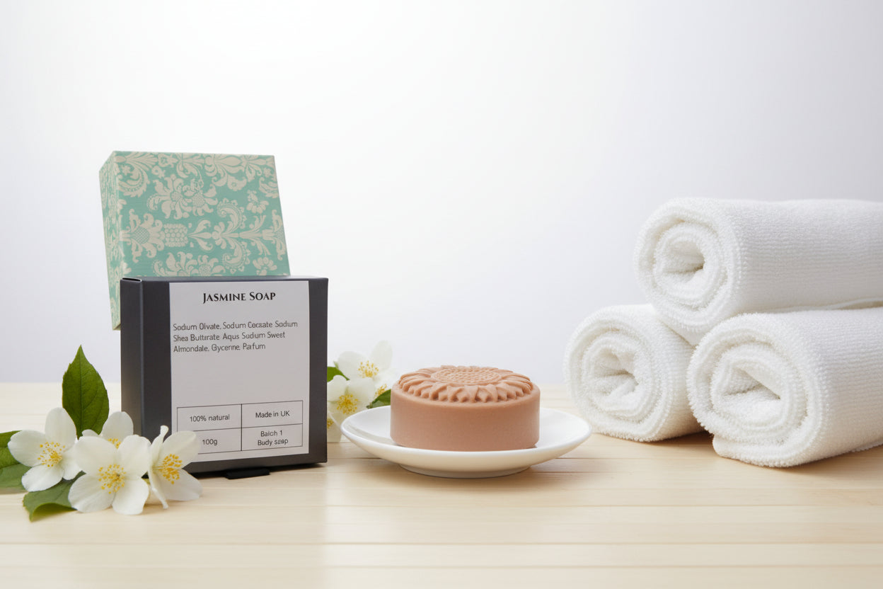 A 100g bar of Jasmine Soap displayed next to its packaging box. The soap bar is a light tan colour with an embossed sunflower design, resting on a small white plate.