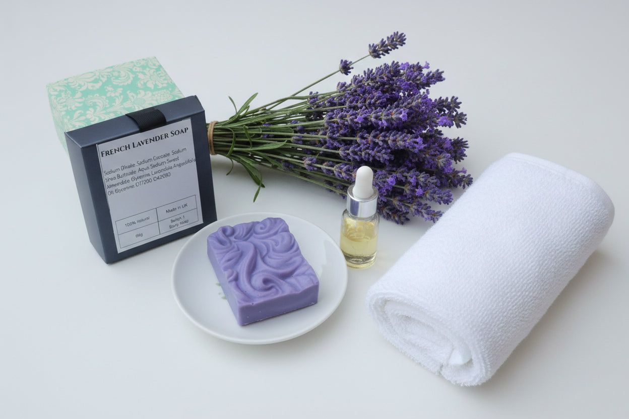 A bar of lavender soap in a purple swirl pattern sits on a small white plate next to its black packaging box with a white label,