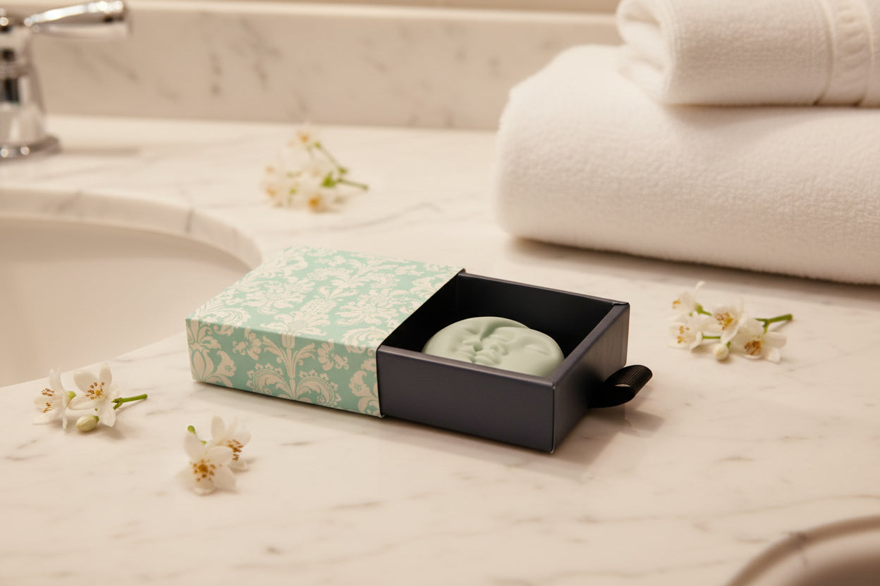 A round green soap bar with a carved face design, presented inside an open black gift box with a light blue and white damask-patterned lid
