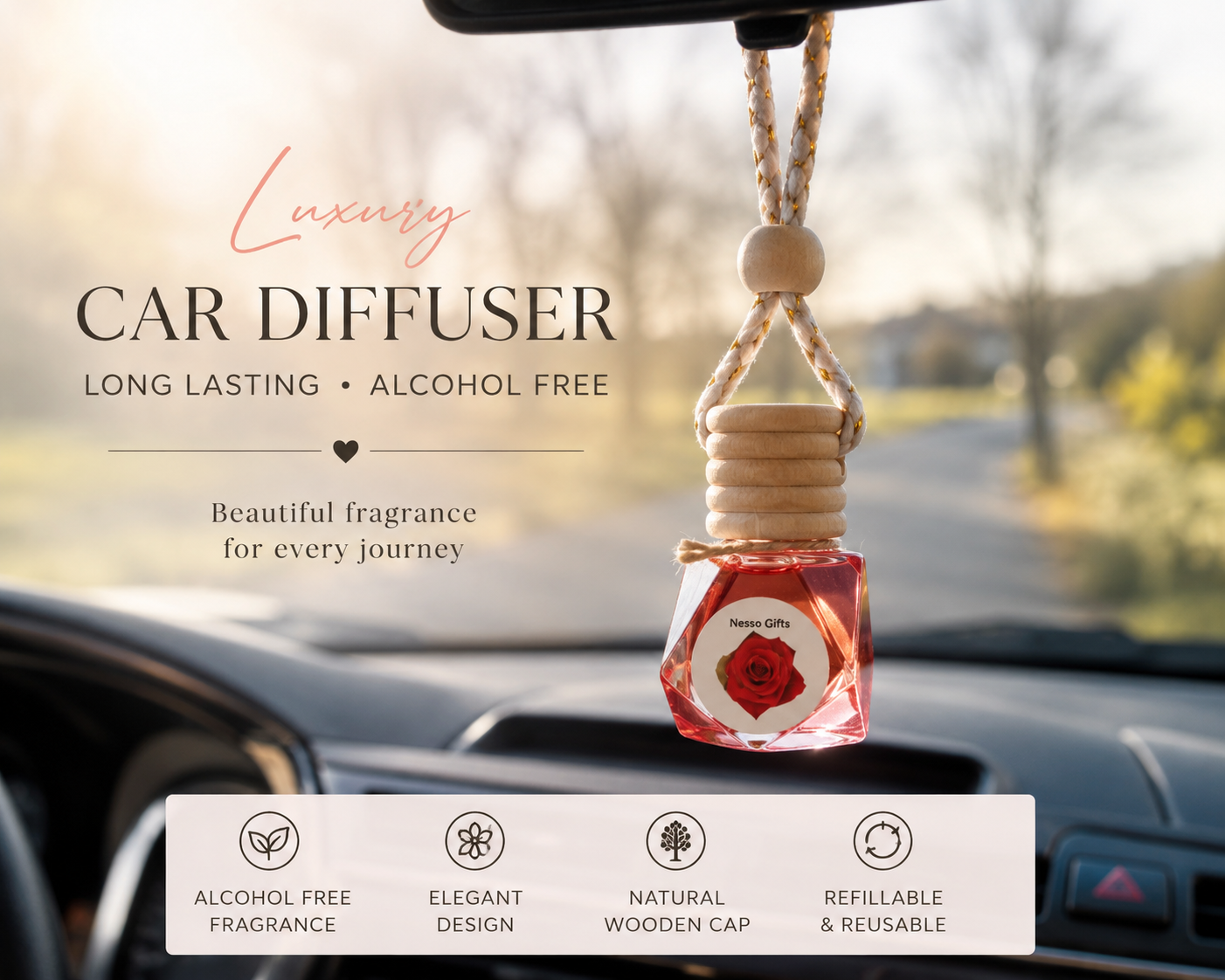 Alcohol-Free Hanging Car Diffuser | Long Lasting Car Air Freshener
