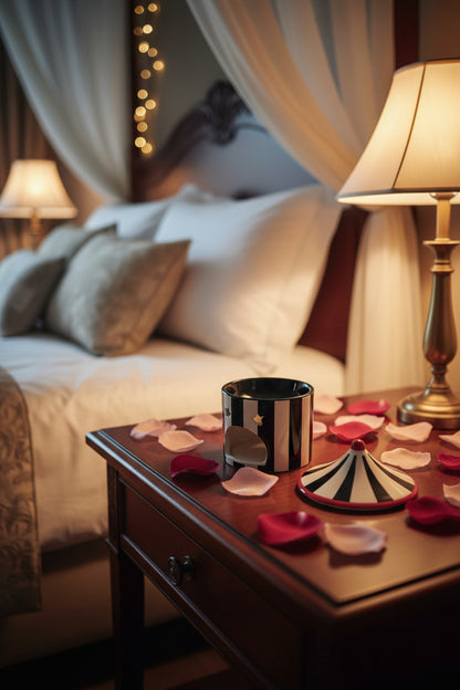 Black and white circular wax burner with red center top