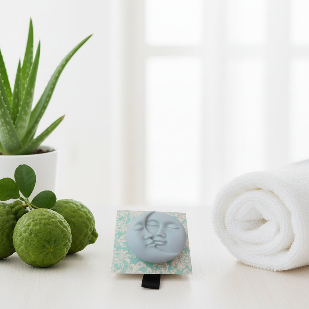 A round, pale light green soap featuring a sculpted face merging with a crescent moon, displayed on a square card with a light blue and white damask pattern
