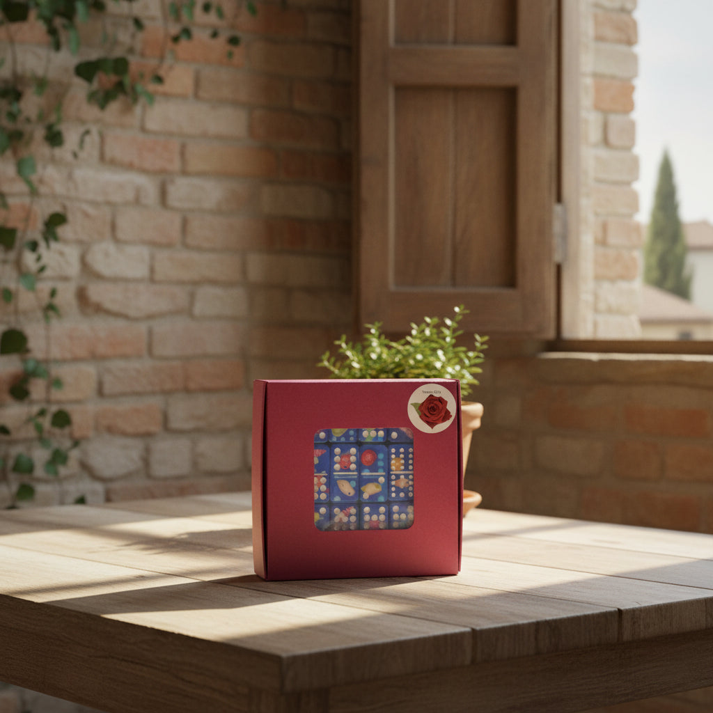 A square magenta-purple cardboard box with a clear plastic window showing a blue domino set inside, photographed on a tan textured surface. A small round sticker with a red rose is visible in the top right corner of the box.