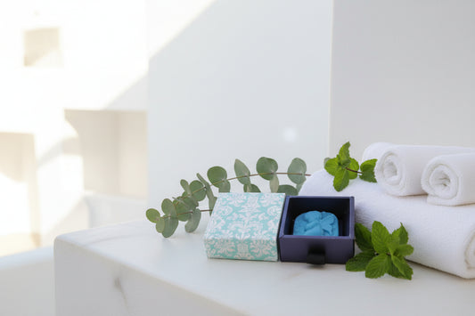 A dark green carved soap figurine of an angel, presented inside an open dark purple gift box with a light blue and white damask-patterned lid