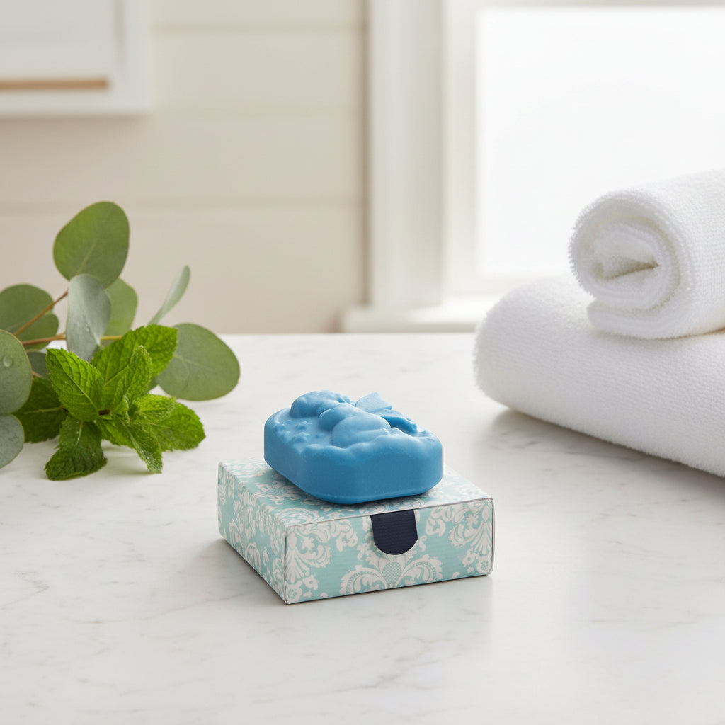 A dark green carved soap depicting a fairy, displayed on top of its patterned square box