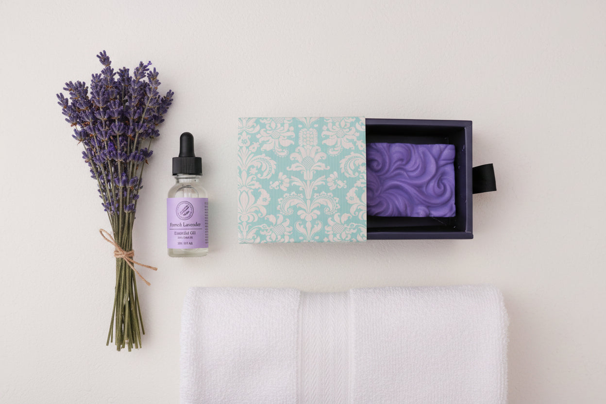 A purple swirled soap bar presented in a black box with a light blue and white damask-patterned lid,