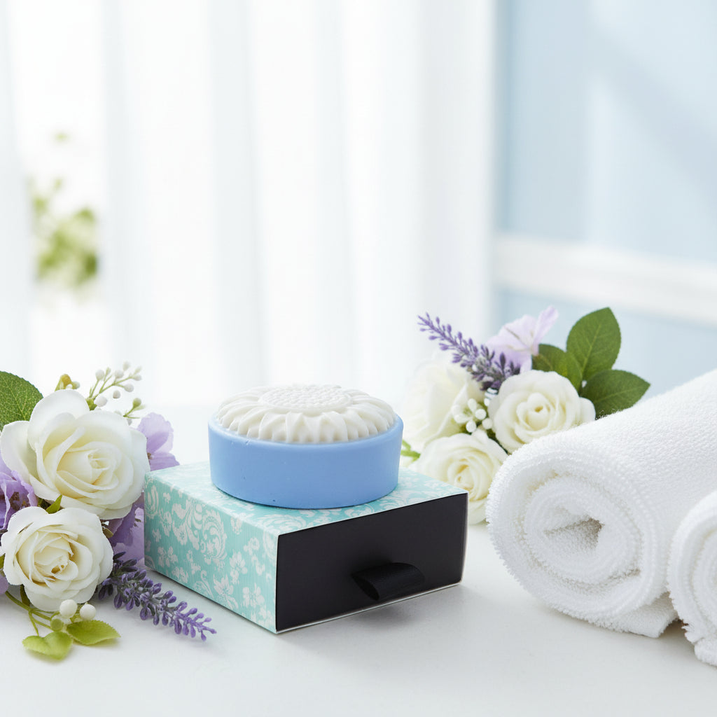 A round white soap bar with a sunflower-like embossed top, resting on a light blue and white patterned square box with a black ribbon pull