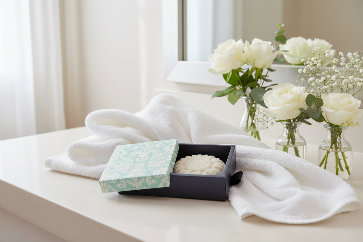 A round white textured body scrub or soap in a dark tray, shown next to its decorative light blue and white damask-patterned box