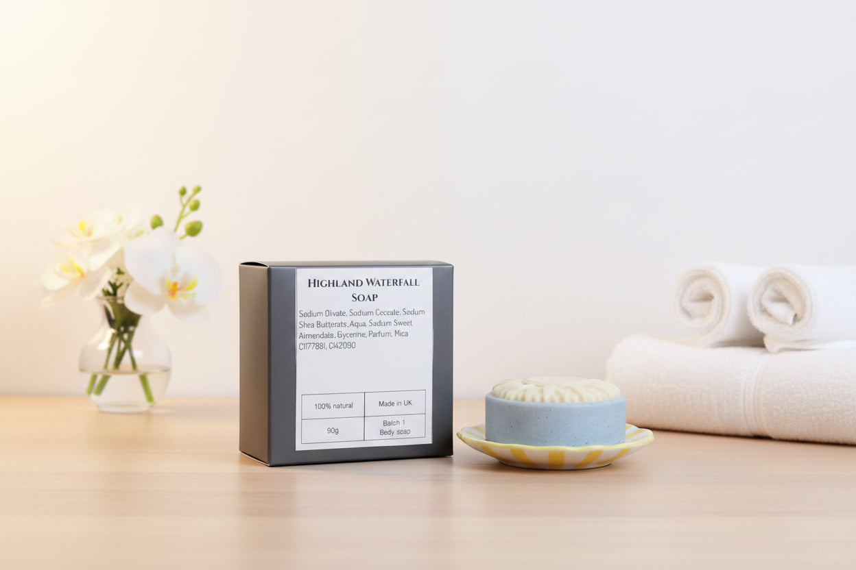 Highland Waterfall Soap 90g body soap shown with its dark grey packaging box and a single round bar of soap on a yellow and white striped dish