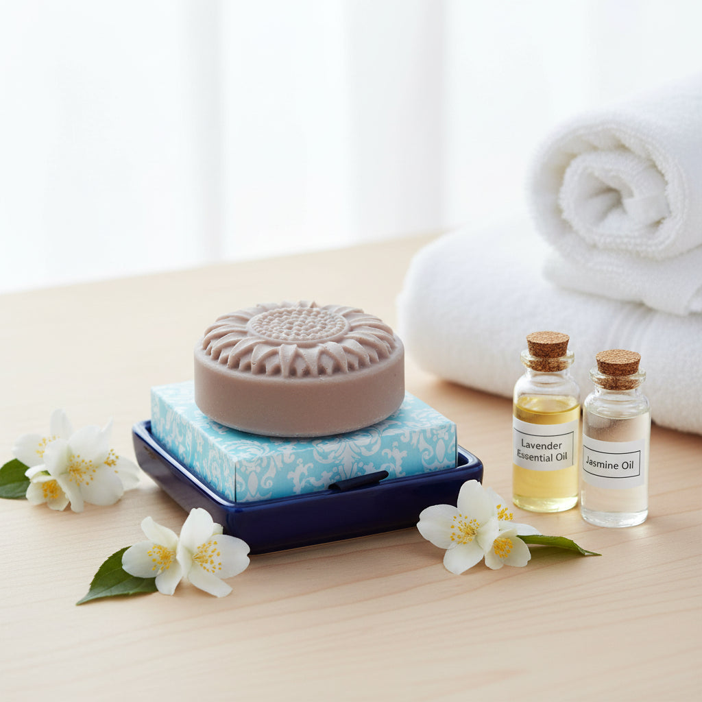 A round, textured bath soap with a sunflower-like embossed pattern, resting on top of its blue and white patterned packaging box