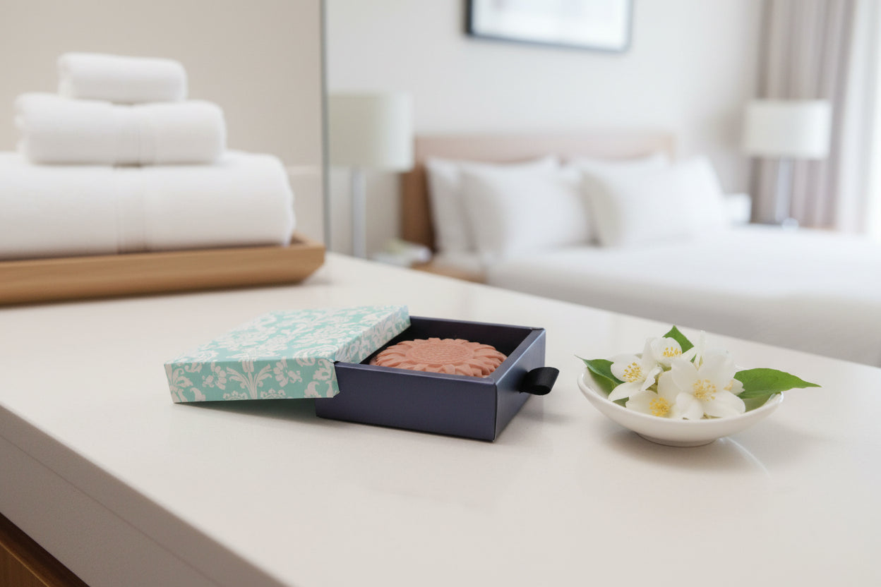 A round, sunflower-shaped beige soap bar displayed inside an open dark box with a light blue and white damask-patterned lid