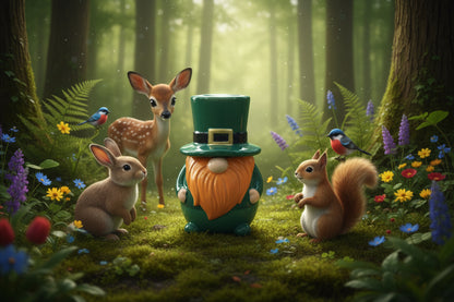 Green and orange gonk in a forest with mix animals around him