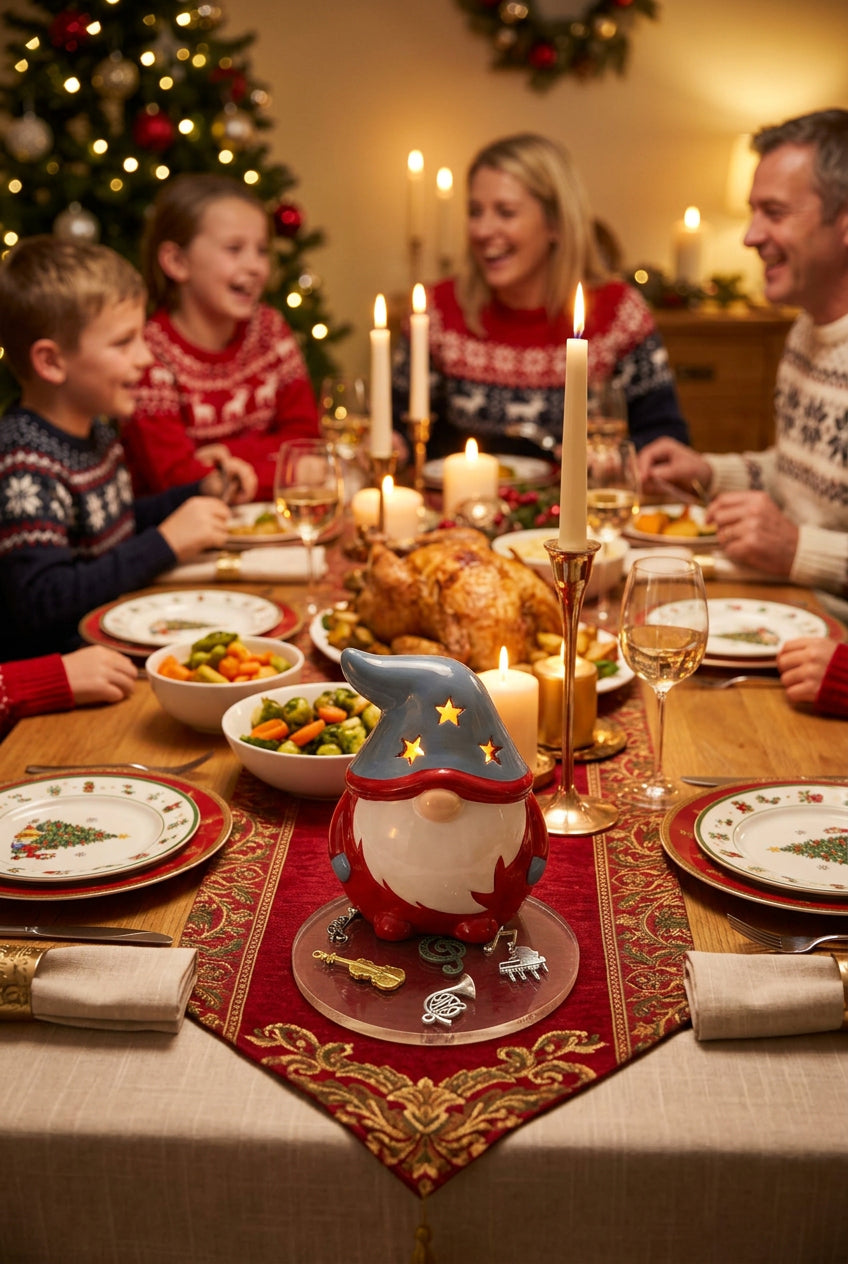 A Christmas gonk with a mix of musical instruments inside a transparent coaster.