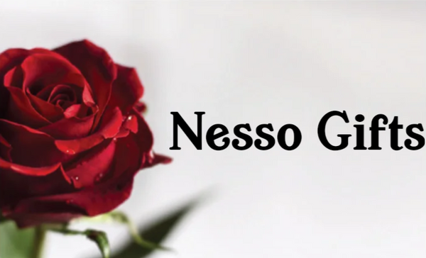 A close-up of a single deep red rose on the left with the text 'Nesso Gifts' in black serif font on a light off-white background.