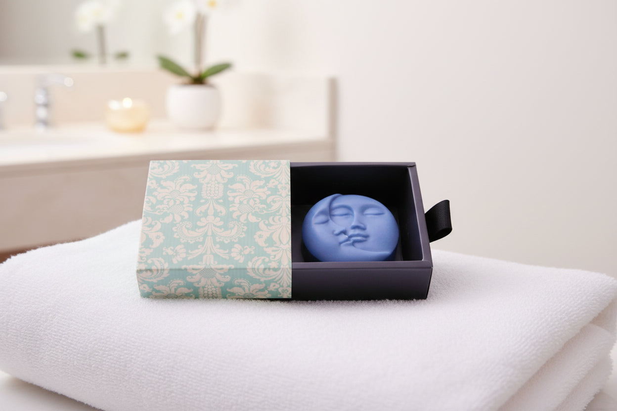 A blue crescent moon soap or candle with a serene face, presented inside a dark box next to its light blue and white damask-patterned lid