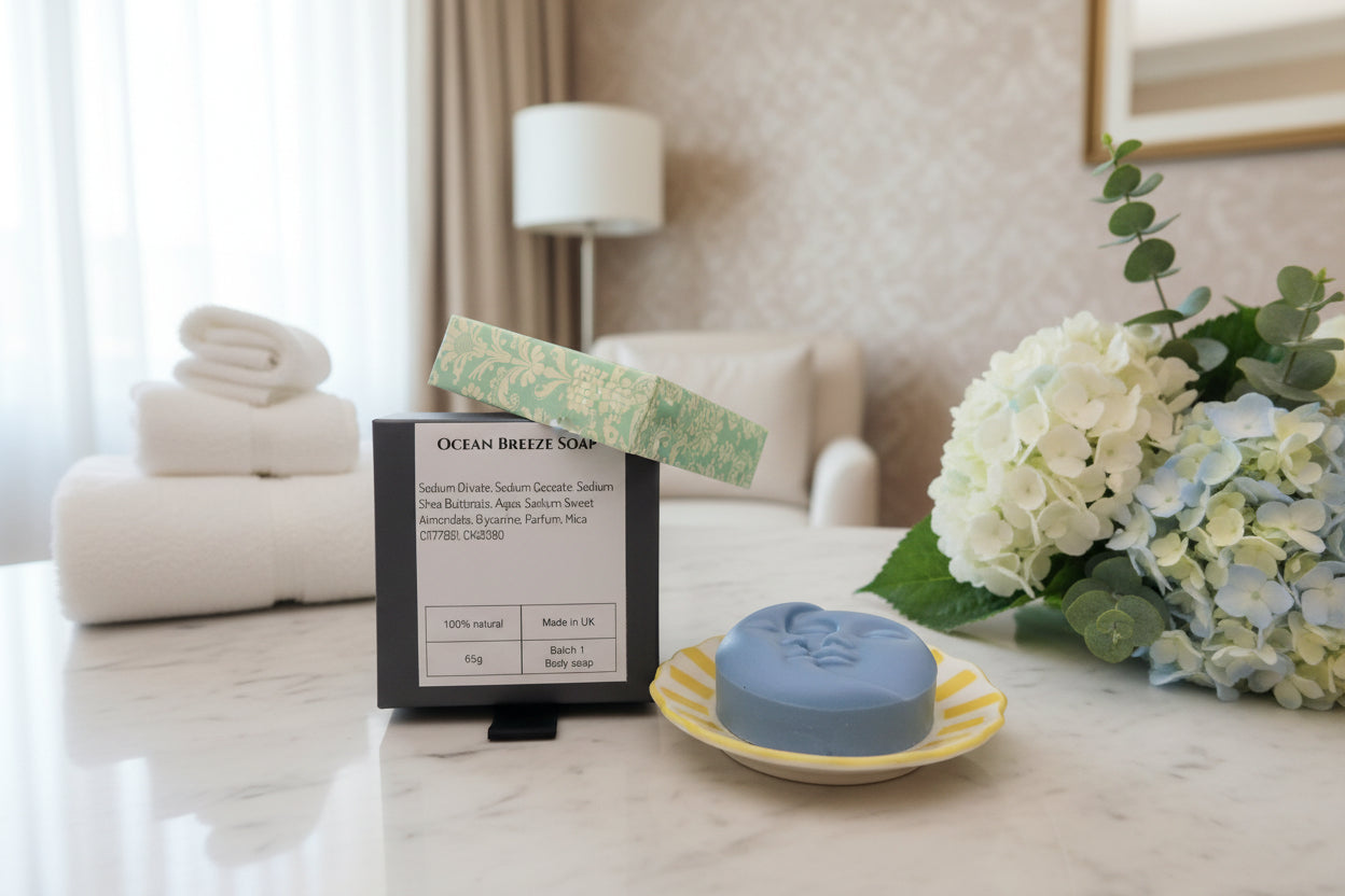 Ocean Breeze Soap body soap shown with its black product box and a decorative light green patterned box, alongside a round blue soap bar on a yellow and white striped dish