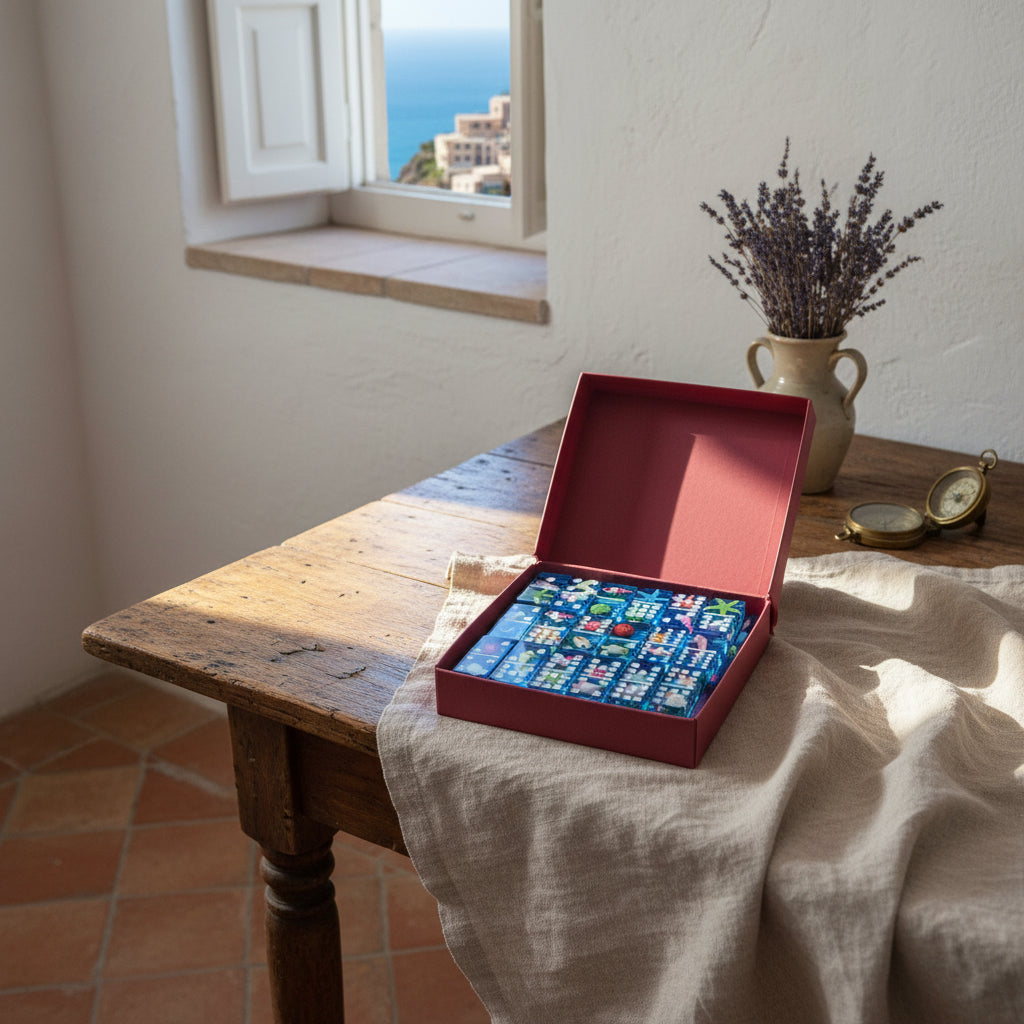 A top-down view of a box filled with blue translucent domino tiles decorated with small sea-themed illustrations such as starfish, seahorses, fish, and shells