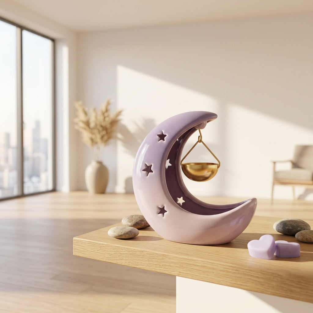 Purple half moon wax burner on the top of a wooden table with wax melts on the side