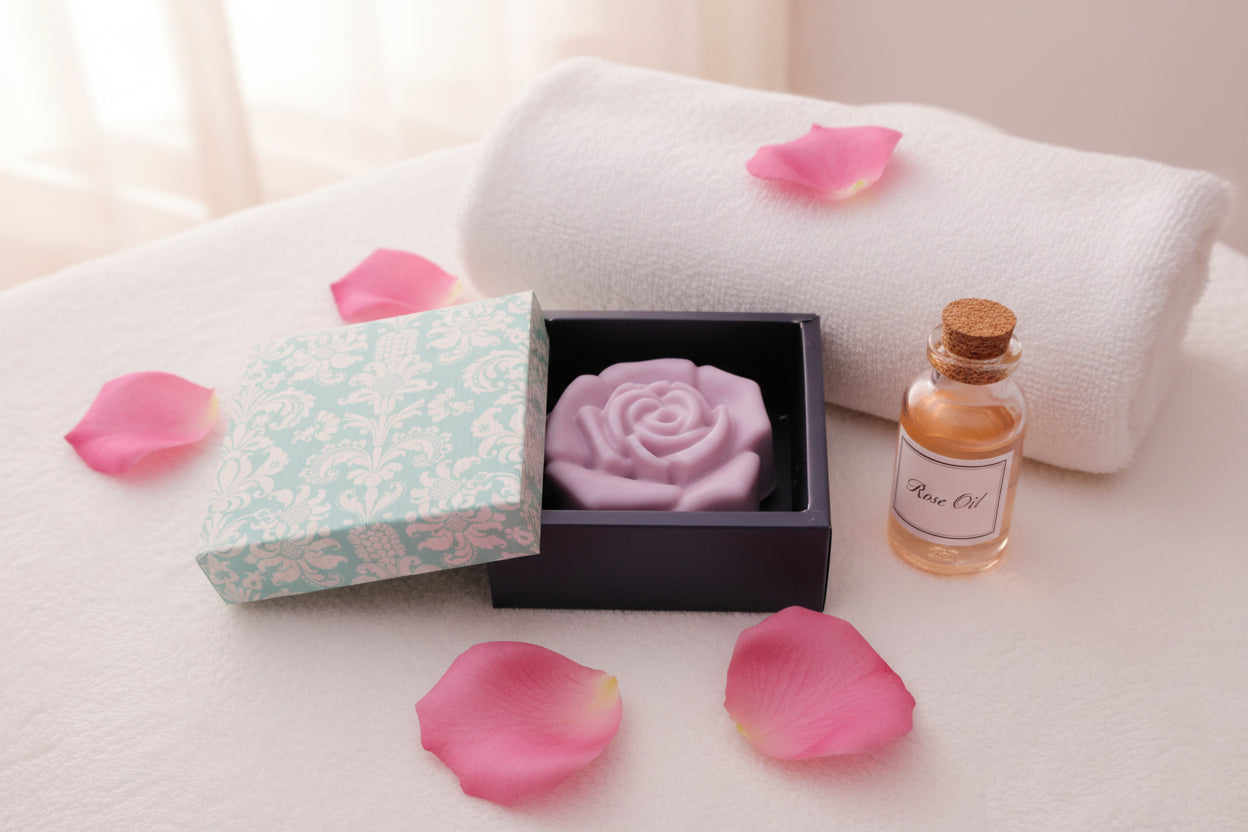 A pink rose-shaped soap bar displayed inside an open black gift box with a light blue and white damask-patterned lid