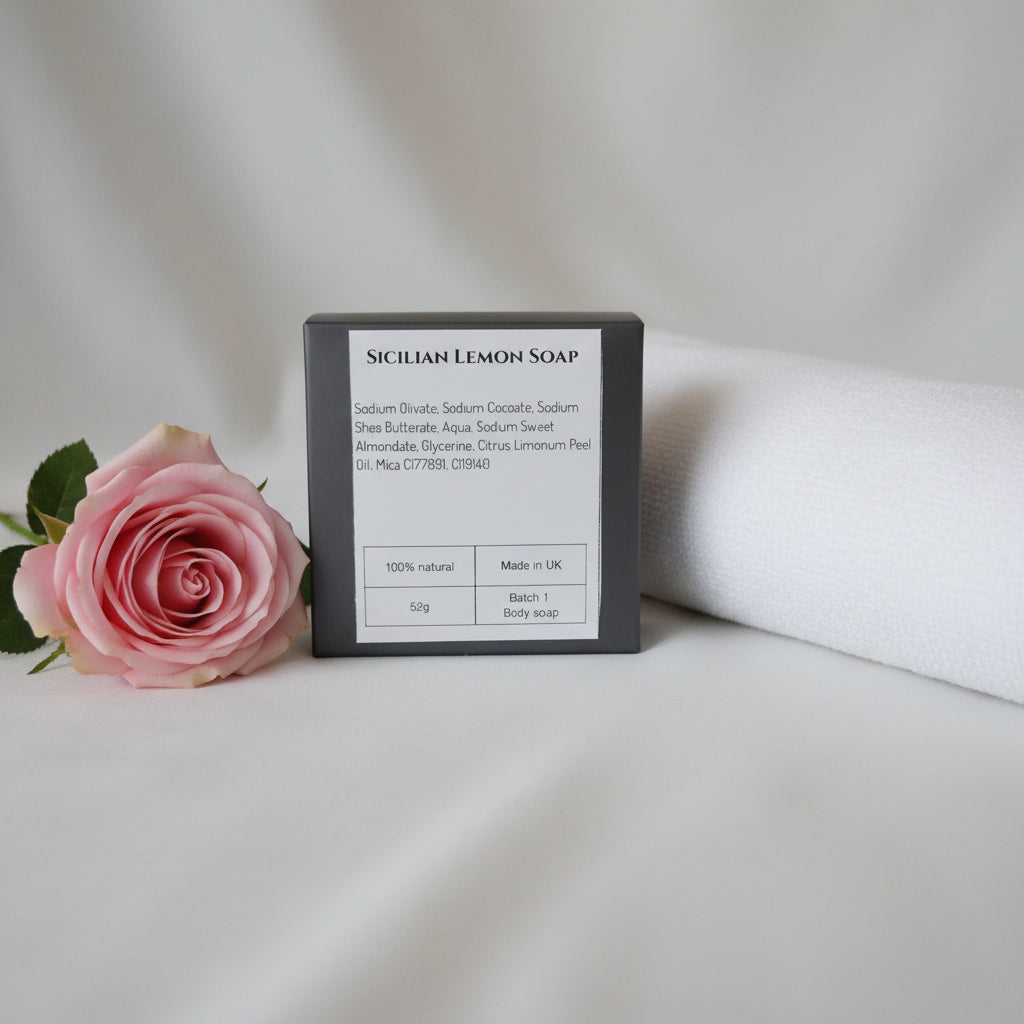 A square black box of Sicilian Lemon Soap with a white label showing ingredients and product details