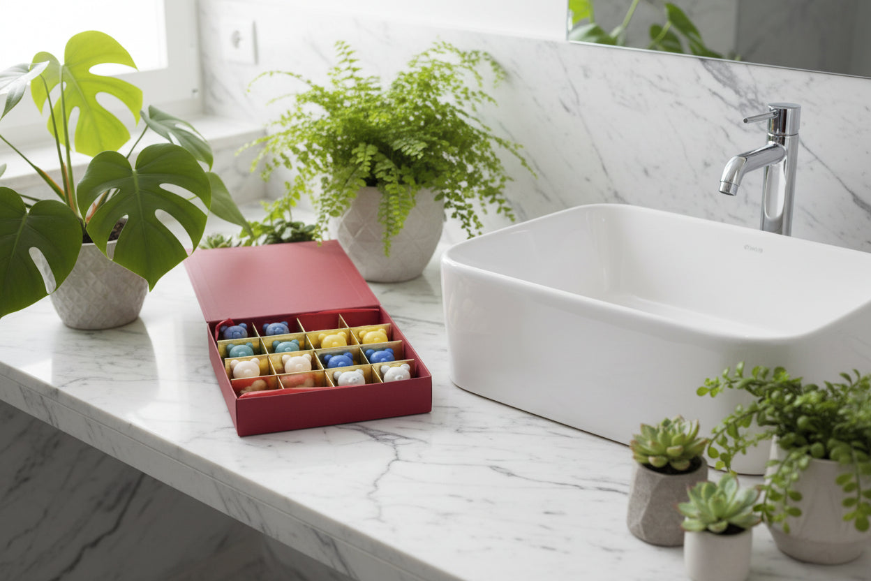 Mixed bears colourful soap boxset on the top a marble countertop next to a sink with plants all around