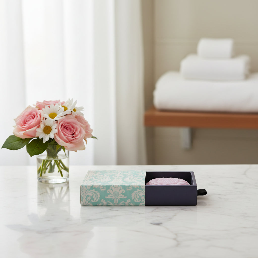 A round pink textured scrubber or brush presented inside an open dark box with a light blue and white damask-patterned lid