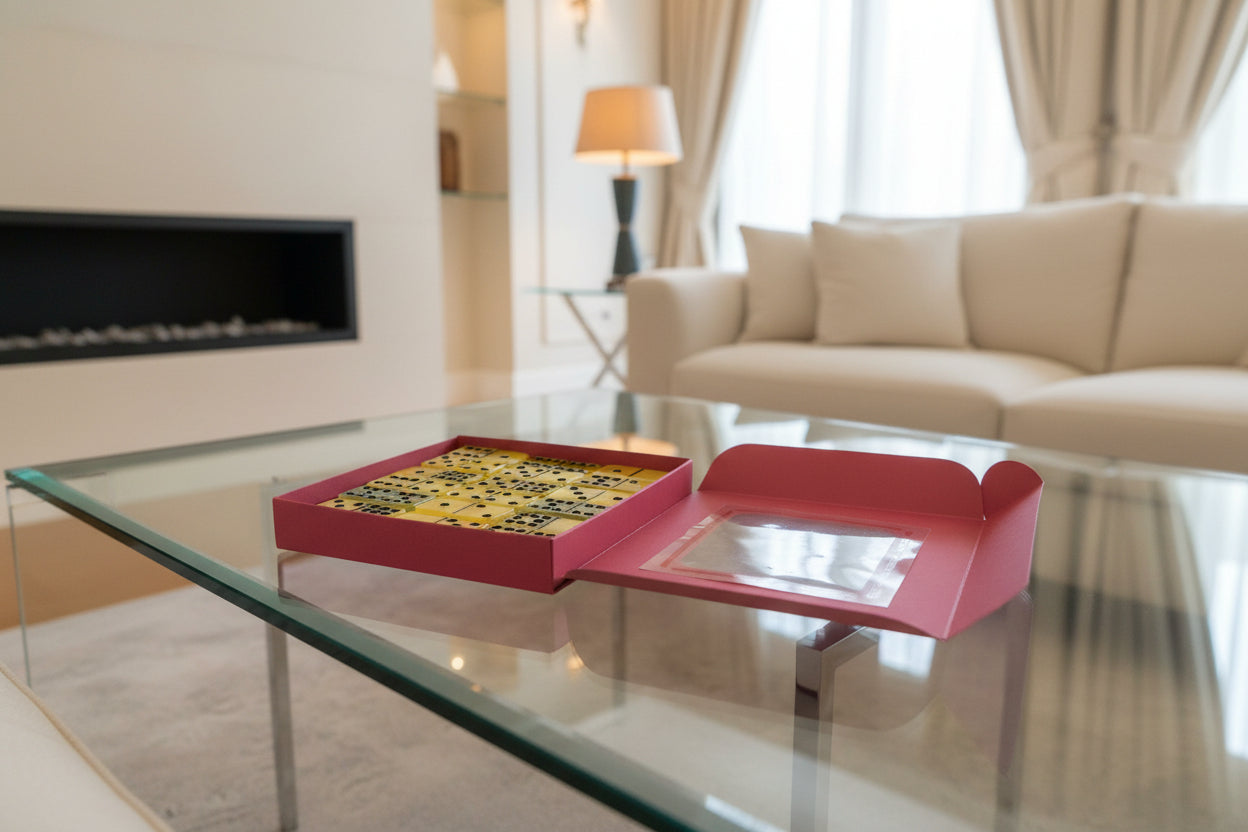 A luxurious living room setting where the Dominoes Boxset is prominently displayed on a glass-top coffee table. The room features plush cream-colored couches, a sleek modern fireplace, and large windows with floor-to-ceiling curtains. The lighting is warm and inviting, with soft ambient light and a few decorative lamps casting gentle shadows. The camera remains steady, focusing on the boxset with a close-up shot, highlighting its vibrant colors and design. The overall visual style is elegant and sophisticat
