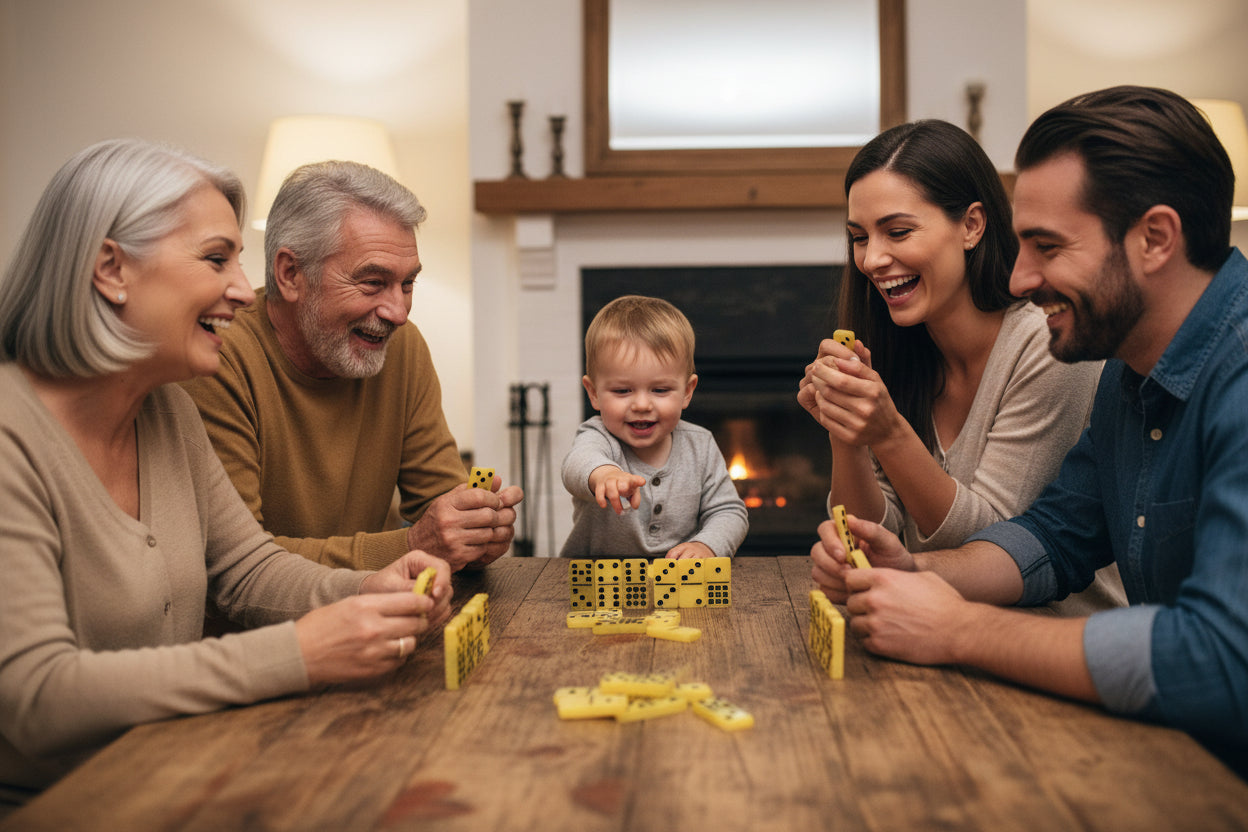 A family playing set of traditional yellow dominoes