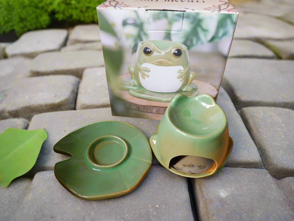 A green ceramic frog-shaped oil burner on a lily pad, displayed on a stone surface view from the back