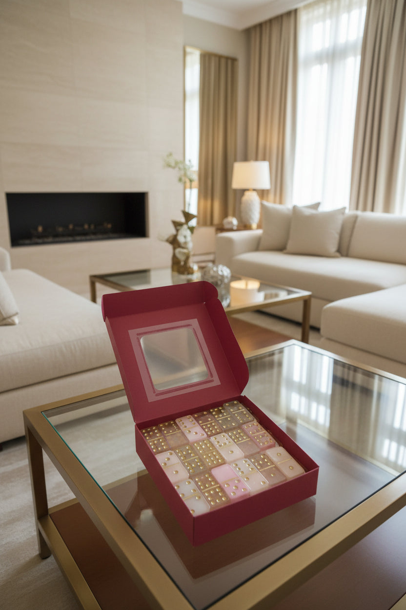 A luxurious living room setting where the Dominoes Boxset is prominently displayed on a glass-top coffee table. The room features plush cream-colored couches, a sleek modern fireplace, and large windows with floor-to-ceiling curtains. The lighting is warm and inviting, with soft ambient light and a few decorative lamps casting gentle shadows. The camera remains steady, focusing on the boxset with a close-up shot, highlighting its vibrant colors and design. The overall visual style is elegant and sophisticat