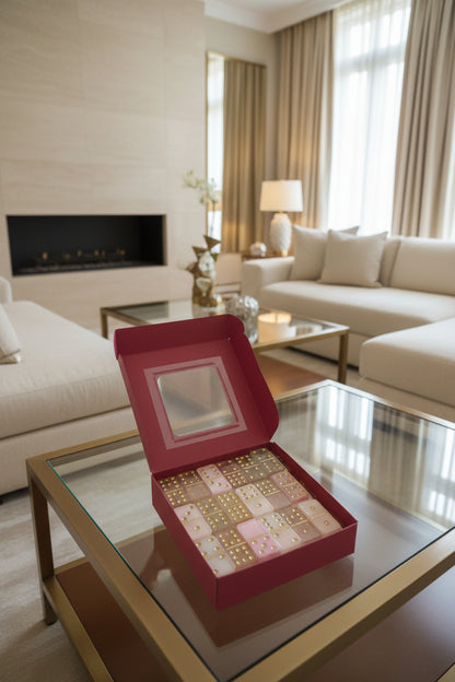 A luxurious living room setting where the Dominoes Boxset is prominently displayed on a glass-top coffee table. The room features plush cream-colored couches, a sleek modern fireplace, and large windows with floor-to-ceiling curtains. The lighting is warm and inviting, with soft ambient light and a few decorative lamps casting gentle shadows. The camera remains steady, focusing on the boxset with a close-up shot, highlighting its vibrant colors and design. The overall visual style is elegant and sophisticat