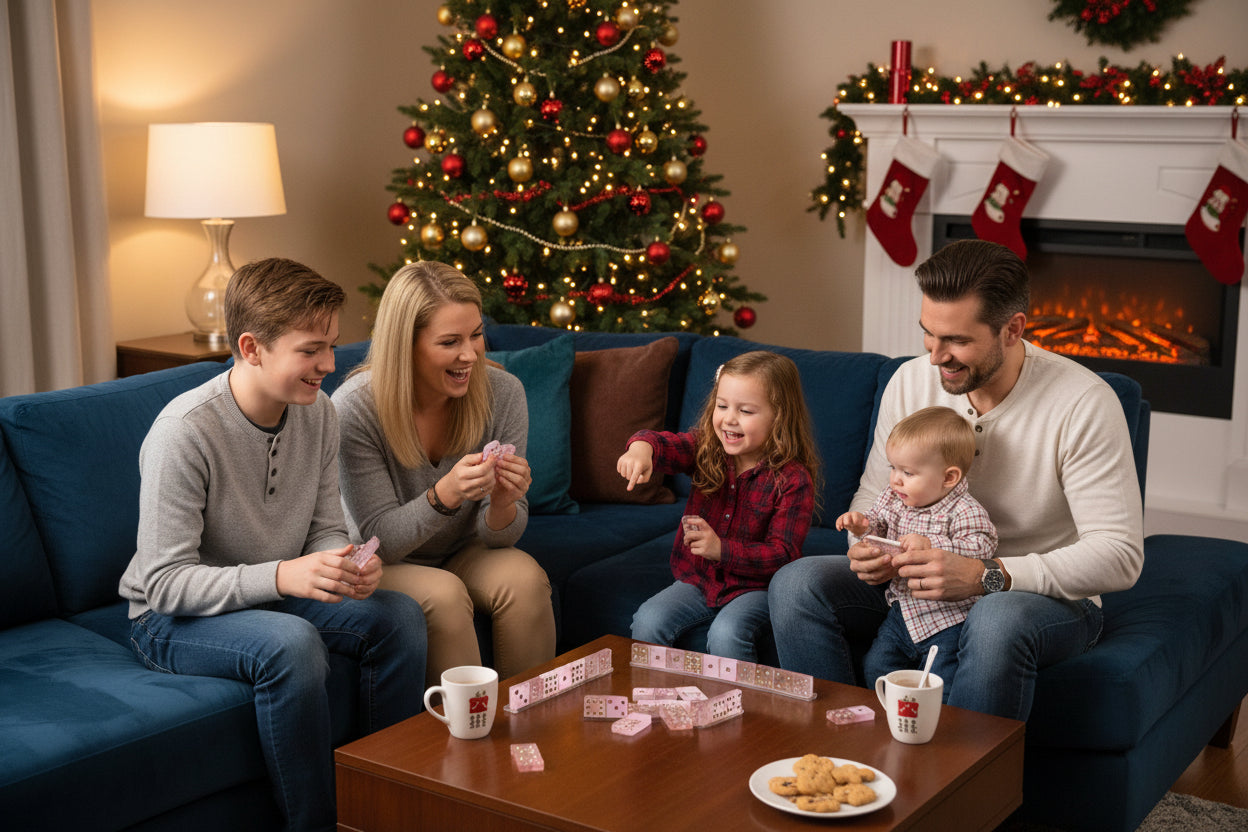 A family of 5 are playing with the pink and golden dots dominoes. They are sitting on a luxurious sofa. On the background there is a real pine tree decorated with the Christmas ornaments, the electric fire place is on.