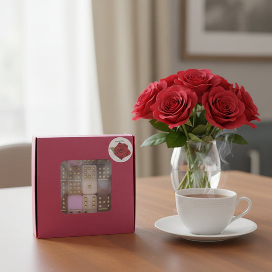 A red gift box with a clear window displaying pink with gold dots dominoes inside, set on a brown wooden table. Next to it there is a cup of tea and a vase with red roses behind it. A circular sticker with a red rose logo is visible on the bottom right corner of the box.