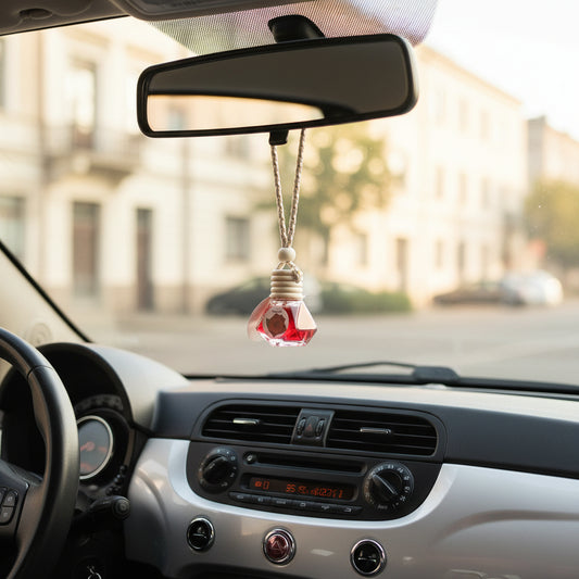 A small red glass bottle with a white string loop and a round paper tag, containing diffuser fragrance liquid.